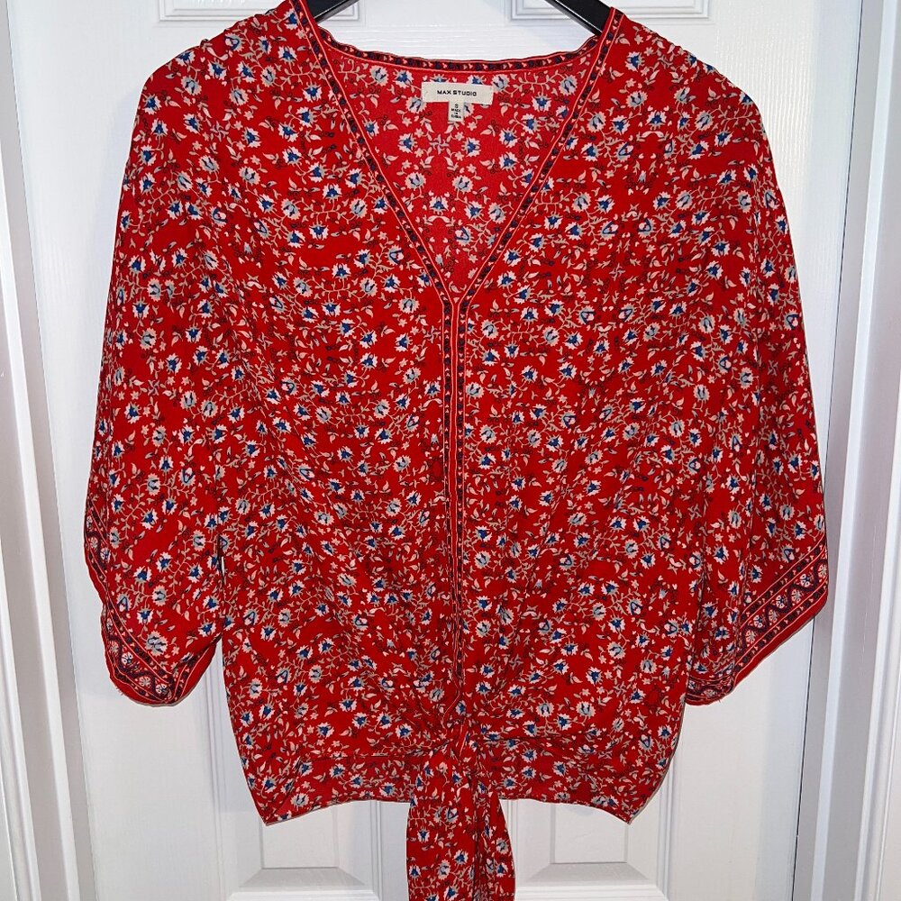 Max Studio Tie Front Short Sleeve Blouse